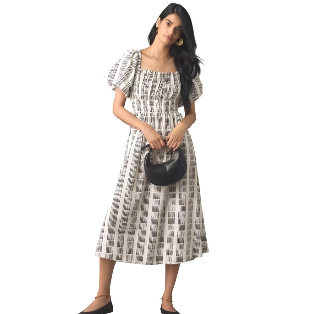 Anthropologie Maeve Puff Sleeve Square‎ Neck Smocked Midi Dress Stripe S NWOT